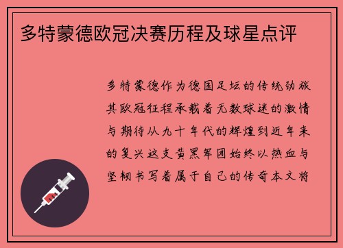 多特蒙德欧冠决赛历程及球星点评