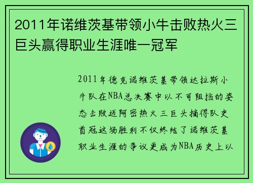 2011年诺维茨基带领小牛击败热火三巨头赢得职业生涯唯一冠军